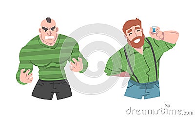 Man Different Emotion Feeling Angry Clenching Fists and Happy Smiling Vector Set Stock Photo