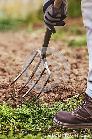 Man is digging with a gardening fork in his garden Stock Photo