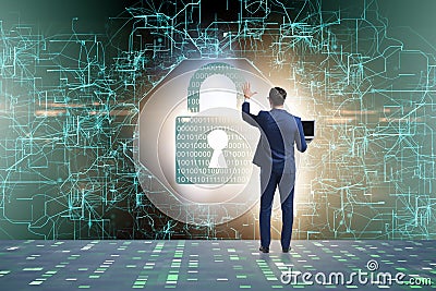 Man in digital security concept pressing button Stock Photo