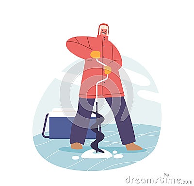 Man Diligently Drills A Hole In The Frozen Lake, Focused On The Task Of Setting Up For A Day Of Ice Fishing Vector Illustration