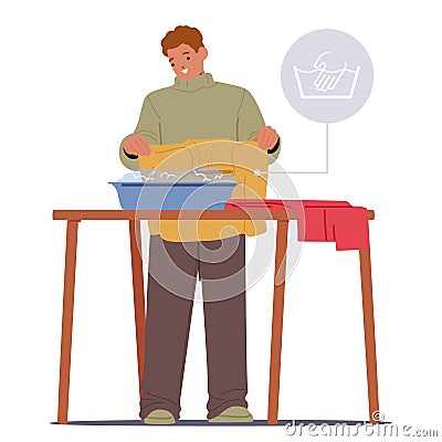 Man Diligently Handwashing Clothes in Basin, Nurturing A Practice Of Clothing Care. Male Character Uses Soapy Water Vector Illustration