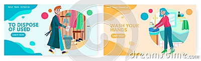 Man discard face mask to trash bin when back home. Woman wash hand in bathroom. Coronavirus prevention and hygiene Vector Illustration