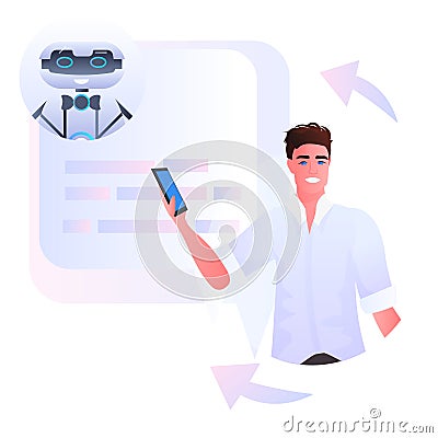 man discussing with robot chatbot assistant in mobile messenger app artificial intelligence concept Vector Illustration