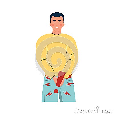 Man with disease of genitourinary system. inflammation of prostate, pain. Vector Illustration