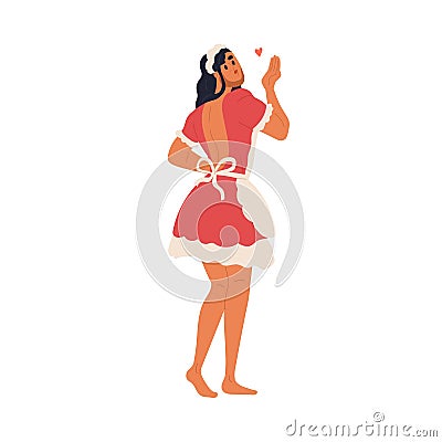 Man disguised in erotic housemaid uniform. Sexy funny bearded character wearing female maid costume, apron, apparel for Vector Illustration