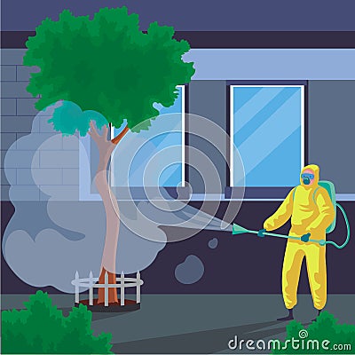 Man with disinfectant spray machine, sensitization process Vector Illustration