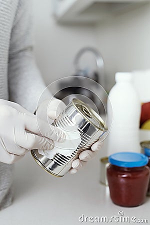 Man disinfecting the purchases Stock Photo