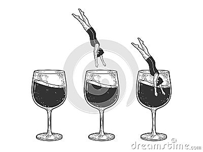 man dives into glass of wine set sketch vector Vector Illustration