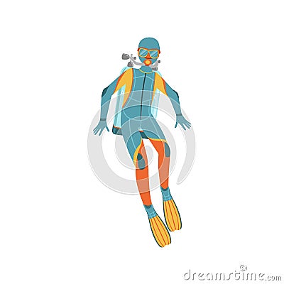 Man Diving In Full Suit With Hood, Rebreather And Twin Bottles Vector Illustration