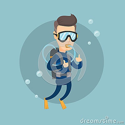 Man diving with scuba and showing ok sign. Vector Illustration