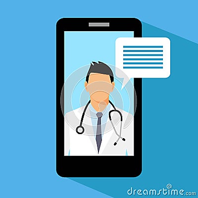 Man doctor with stethoscope on the screen, concept of online diagnostics, vector illustration in flat style. Vector Illustration