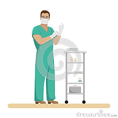 Man doctor in working form in sterile gloves and mask Vector Illustration