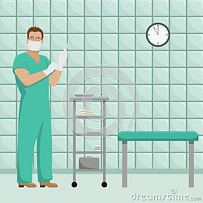 Man doctor in working form in sterile gloves Vector Illustration