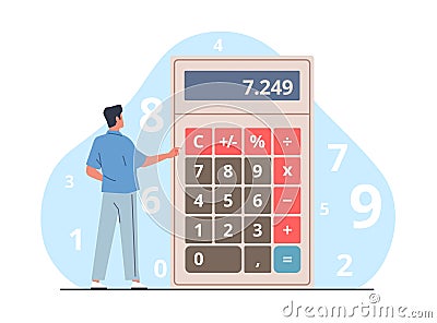 Man does math with big calculator. Mathematical calculating. Numbers counting. Debt payments calculation. Banking Vector Illustration