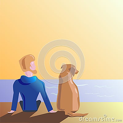 The man and dog on the beach. Vector Illustration