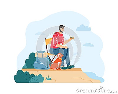 Man with dog hiking and having summer trip. Guy sitting on chair and eating sandwich near backpack on cliff Vector Illustration