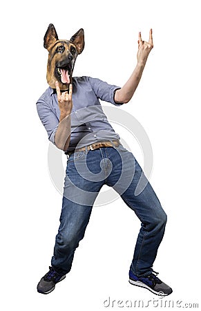 Man in Dog Mask Showing Rock and Roll Sign on White Background Stock Photo