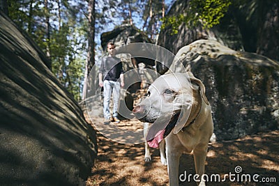 Man with dog in the middle rock formations Stock Photo