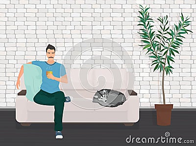 Man with dog pet lying relaxing on the sofa couch and drinking coffee. Vector Illustration