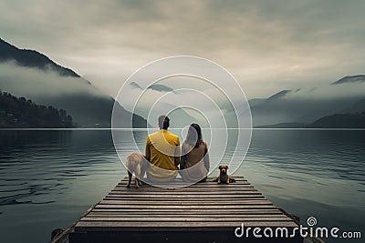 A man and a dog are sitting on a wooden pier on a lake in the fog at sunrise, A family with a small yellow dog resting on a pier Stock Photo