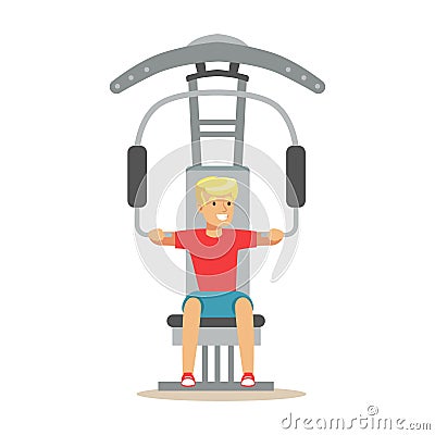Man Doing Arms Exercise With Equipment And Weight , Member Of The Fitness Club Working Out And Exercising In Trendy Vector Illustration