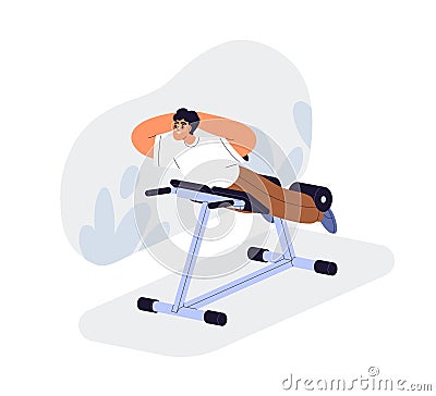 Man doing back extension on hyperextension bench in gym. Happy person training power, strength, exercising on Roman Vector Illustration