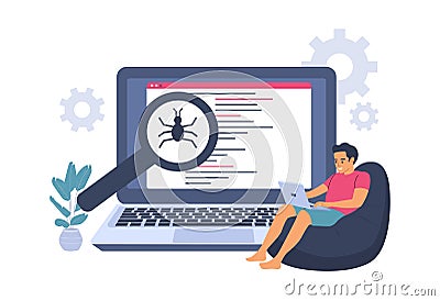 Man doing beta testing software on computer. Vector illustration Vector Illustration