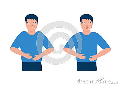 Man is doing breathing exercise, deep breath, exhale and inhale. Breathing exercise. Healthy yoga and relaxation. Vector Vector Illustration