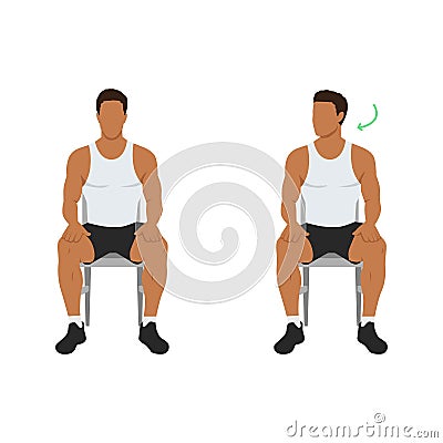 Man doing chair seated neck turns or head rotations. Neck rotation exercise. Turning head left and right. Healthy activity, office Cartoon Illustration