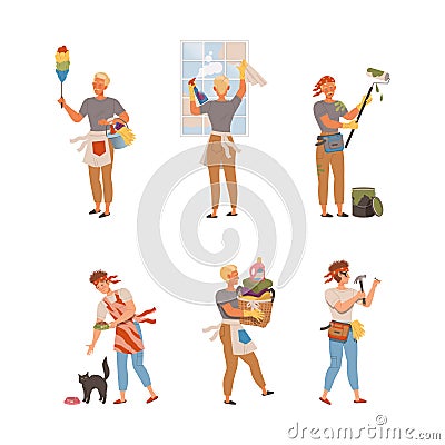 Man Doing Domestic Chores and Housekeeping Wiping Window and Dusting Vector Set Vector Illustration