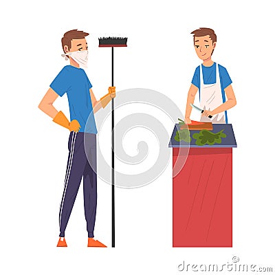 Man Doing Domestic Chores Sweeping Floor and Cooking Vector Set Vector Illustration