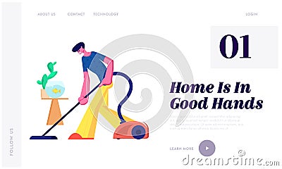 Man Doing Domestic Work, Cleaning Floor Every Day Routine Chores, Householder Vacuuming Home with Vacuum Cleaner in Living Room Vector Illustration