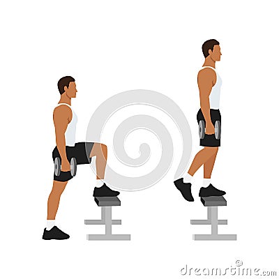 Man doing Dumbbell step ups exercise. Cartoon Illustration