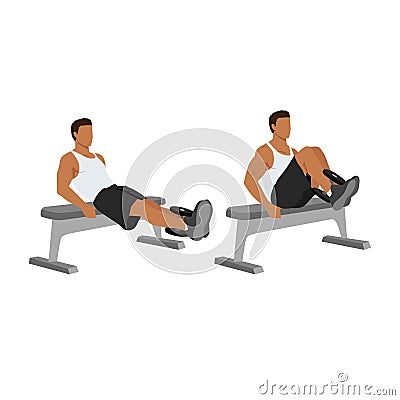 Man doing dumbbell weighted leg pull-ins. Cartoon Illustration