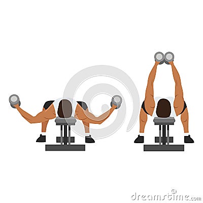 Man doing Flat bench dumbbell fly exercise. top view. Cartoon Illustration