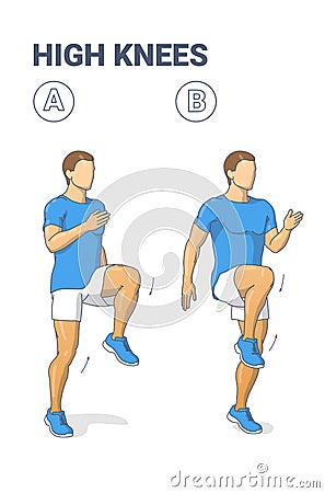 Man Doing High Knees. Front Knee Lifts. Male Jogging on the Spot and Sprinting Exercise Guidance. Vector Illustration