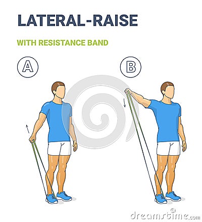 Man Doing Lateral Arm Raise Home Workout Exercise with Thin Resistance Band or Loop Guidance. Vector Illustration