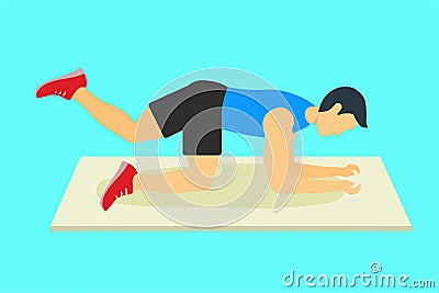 Man doing leg stretching exercise for thigh muscles vector. Boy doing rainbow exercise for a fit body and hip muscles. Flat boy Vector Illustration