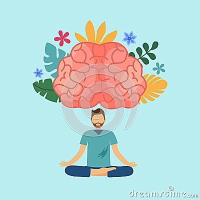 Man doing meditation with powerful brain. Mind power. Brain meditate. Mindfulness. Vector Illustration