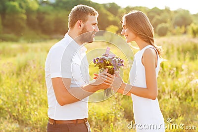 Man doing on the nature engagement girl, surprise, emotion, at s Stock Photo