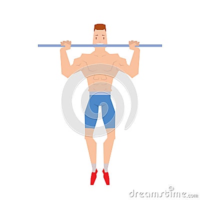 Man doing physical exercises pulling. Hanging on the bar vector. Vector Illustration