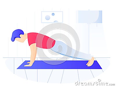 Man doing plank exercise. Core workout, exercising at home, side view Vector Illustration