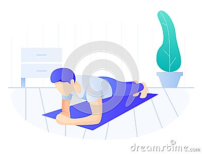 Man doing plank exercise. Core workout, exercising at home, side view Vector Illustration