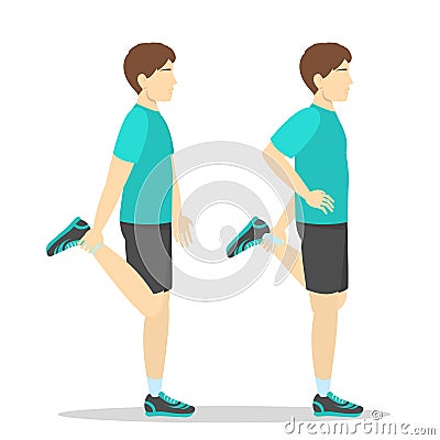 Man doing quadriceps stretch, cool down exercise. Vector Illustration