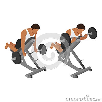 Man doing reverse incline bench barbell curl exercise Cartoon Illustration