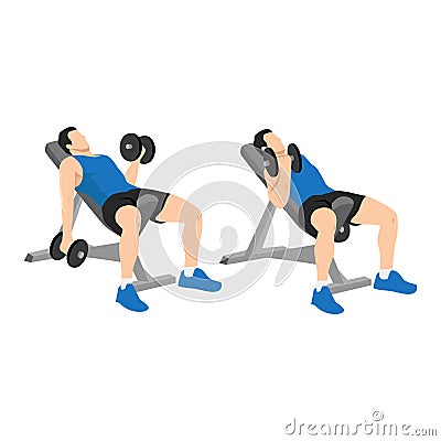 Man doing Seated alternating incline bench dumbbell curls exercise Vector Illustration