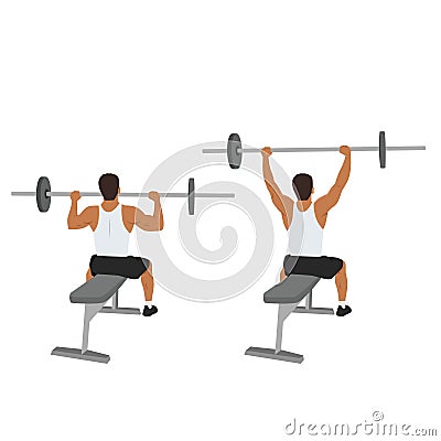 Man doing seated barbell military press exercise. Shoulder overhead press Cartoon Illustration