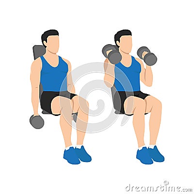 Man doing seated both arms dumbbell bicep hammer curls exercise Cartoon Illustration