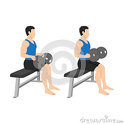 Man doing seated weight plate palm down wrist curls or forearm curls or weighted neutral wrist curl exercise Vector Illustration