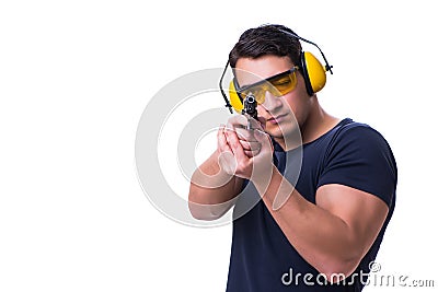 The man doing sport shooting from gun isolated on white Stock Photo